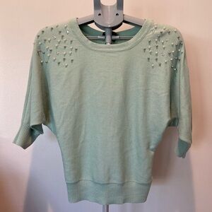 iZ Byer Light Baby Blue Batwing Blouse Pearl Rhinestone Bling Bedazzled Twee Fun